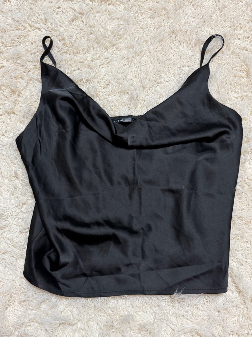 NWOT SHEIN women’s medium Black Satin Cowl Neck Camisole crop top